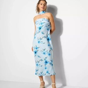NWT Wild Fable Floral Blue Dress w/ Neck Scarf Size Large